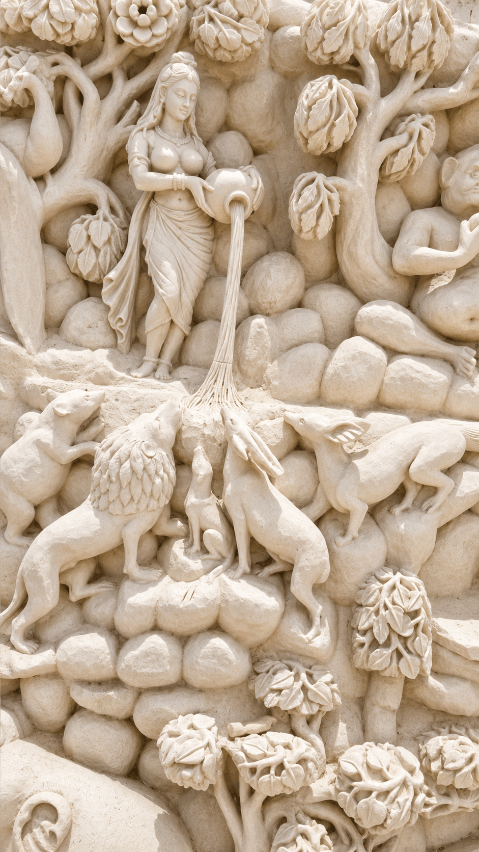 Serene mythic scene carved in stone