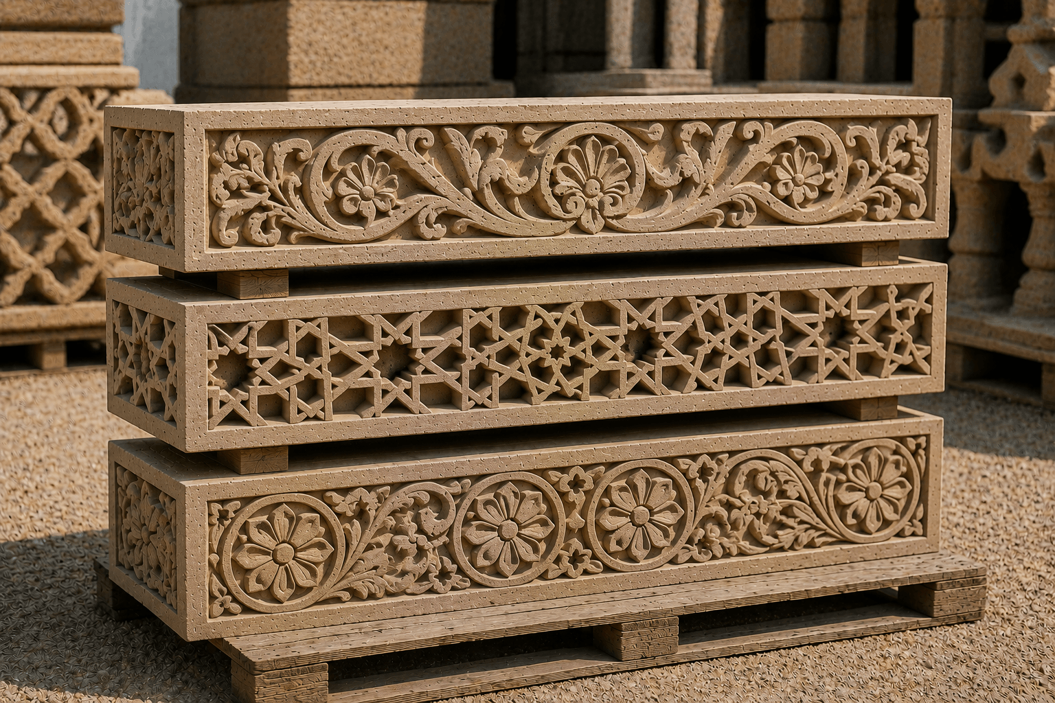 Limestone craftsmanship at Raza Building Stone Porbandar