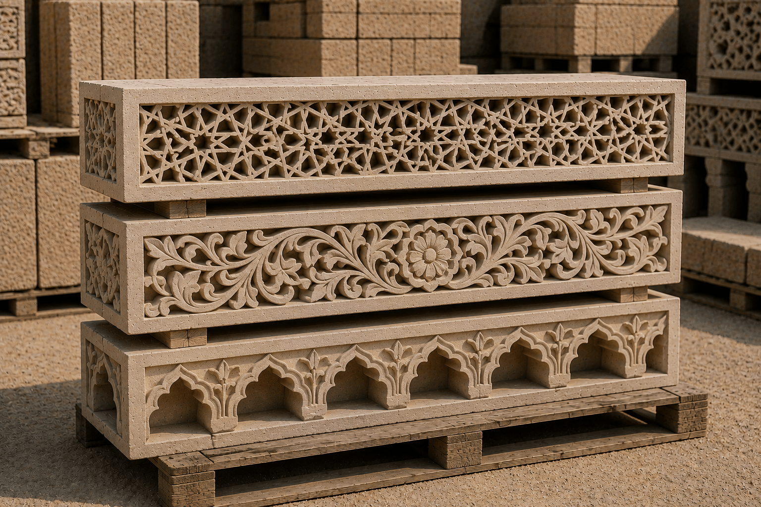 Decorative floral stone carving Porbandar yard